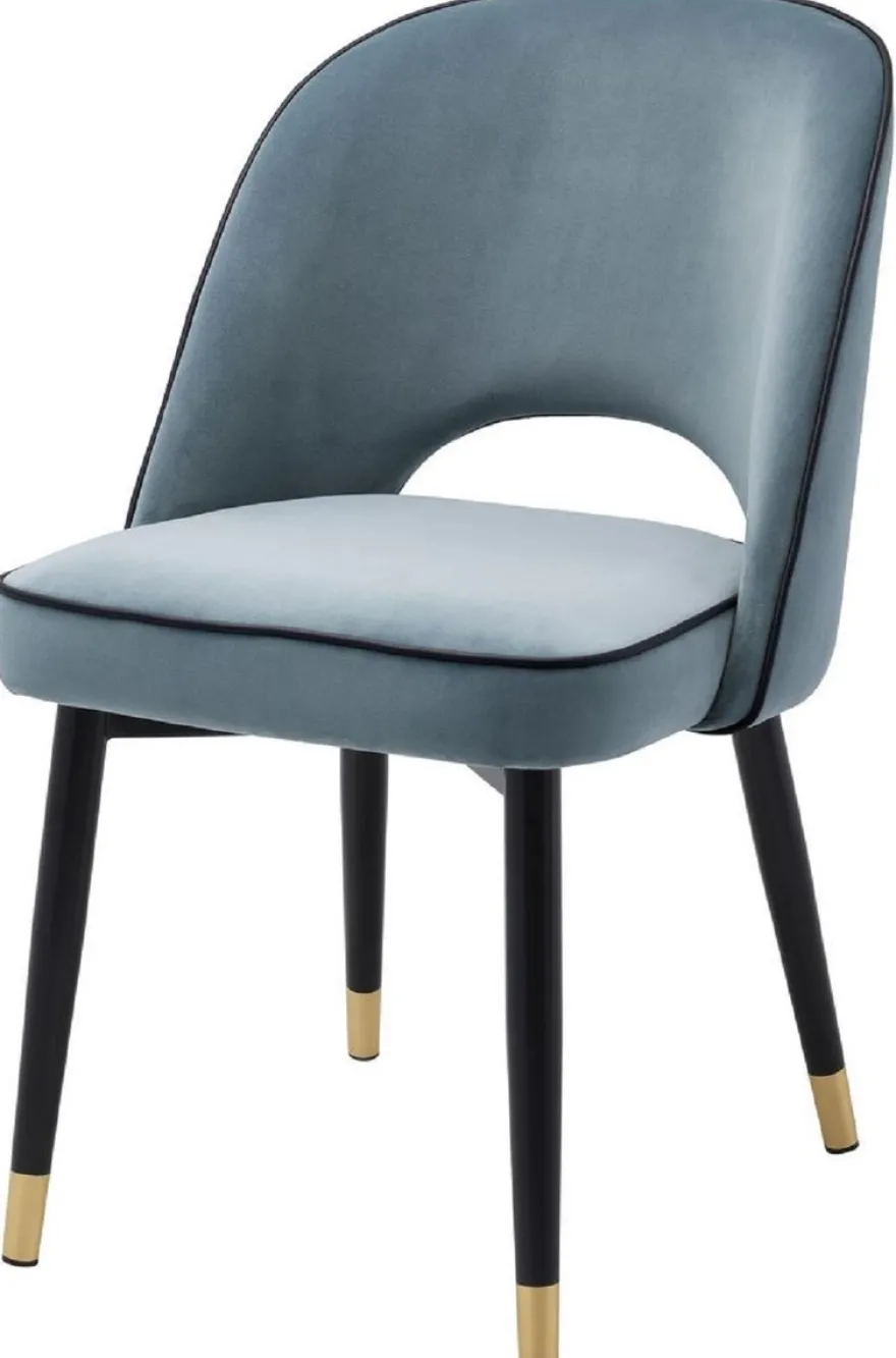 Casa Padrino Luxus Esszimmerstuhl Set Blau / Schwarz / Messing 53 x 56 x H. 84 cm - Esszimmerstühle mit edlem Samtstoff - Esszimmer Möbel