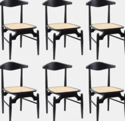 Casa Padrino Luxus Esszimmerstuhl 6er Set Schwarz / Naturfarben 53 x 54 x H. 85 cm - Luxus Massivholz Küchen Stühle mit Rattan Sitzfläche - Esszimmer Möbel - Küchen Möbel - Luxus Möbel