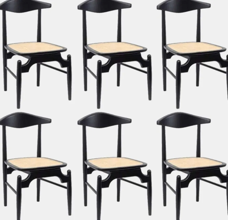 Casa Padrino Luxus Esszimmerstuhl 6er Set Schwarz / Naturfarben 53 x 54 x H. 85 cm - Luxus Massivholz Küchen Stühle mit Rattan Sitzfläche - Esszimmer Möbel - Küchen Möbel - Luxus Möbel