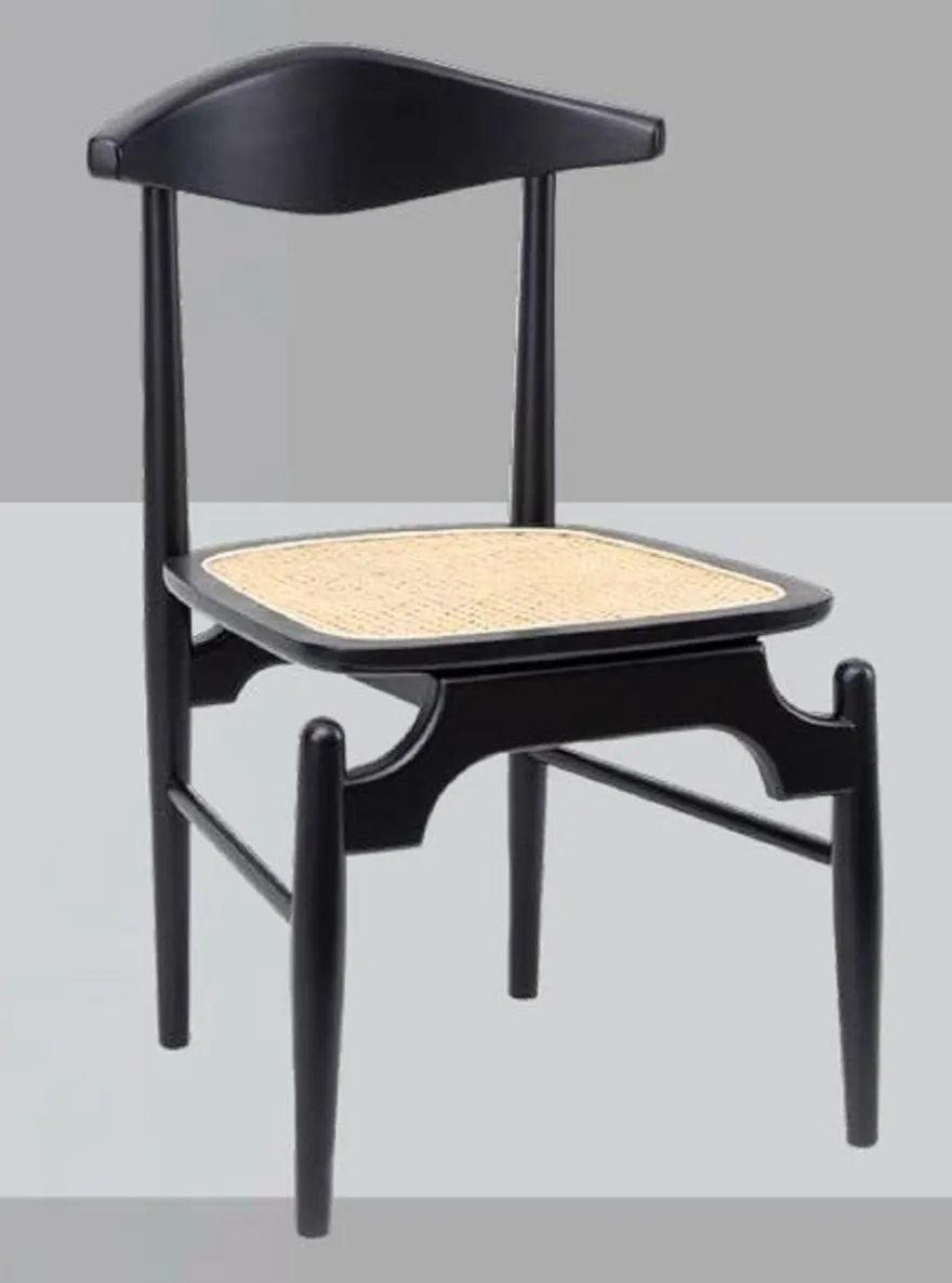 Casa Padrino Luxus Esszimmerstuhl 6er Set Schwarz / Naturfarben 53 x 54 x H. 85 cm - Luxus Massivholz Küchen Stühle mit Rattan Sitzfläche - Esszimmer Möbel - Küchen Möbel - Luxus Möbel