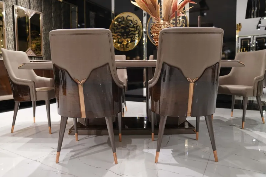Casa Padrino Luxus Esszimmer Set Dunkelbraun / Grau / Kupfer - 1 Luxus Esstisch & 6 Luxus Esszimmerstühle - Esszimmer Möbel - Luxus Möbel - Luxus Einrichtung - Esszimmer Einrichtung