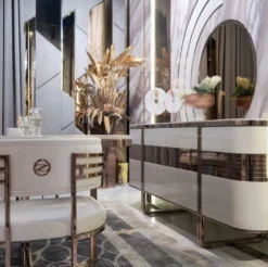 Casa Padrino Luxus Esszimmer Set Creme / Weiß / Kupfer - 1 Luxus Esstisch mit Kunstmarmor Tischplatte & 8 Luxus Esszimmer Stühle - Esszimmer Möbel - Luxus Möbel - Luxus Einrichtung