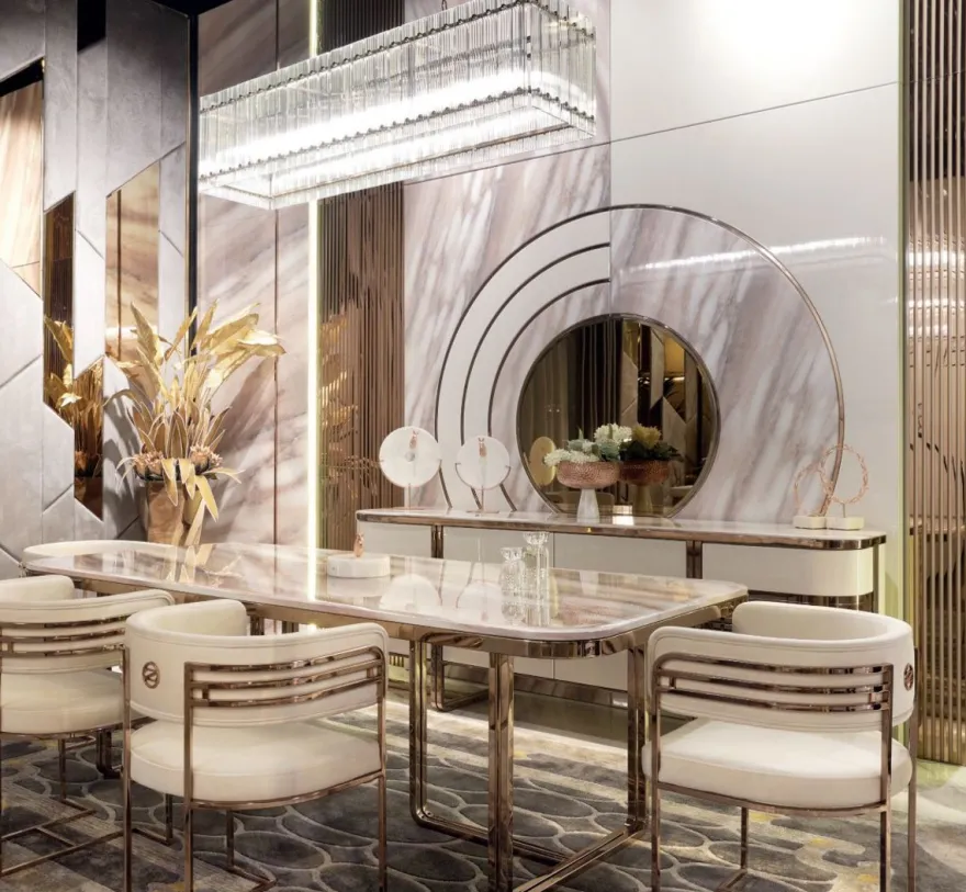 Casa Padrino Luxus Esszimmer Set Creme / Weiß / Kupfer - 1 Luxus Esstisch mit Kunstmarmor Tischplatte & 8 Luxus Esszimmer Stühle - Esszimmer Möbel - Luxus Möbel - Luxus Einrichtung