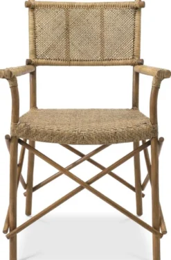 Casa Padrino Luxus Esszimmerstuhl Naturfarben 58,5 x 55,5 x H. 91,5 cm - Massivholz Stuhl mit Armlehnen und handgewebtem Rattangeflecht - Luxus Esszimmer Möbel