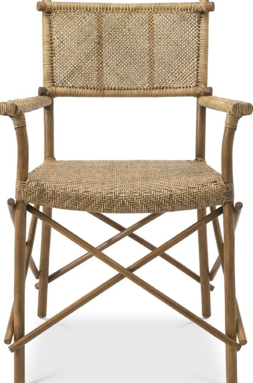 Casa Padrino Luxus Esszimmerstuhl Naturfarben 58,5 x 55,5 x H. 91,5 cm - Massivholz Stuhl mit Armlehnen und handgewebtem Rattangeflecht - Luxus Esszimmer Möbel