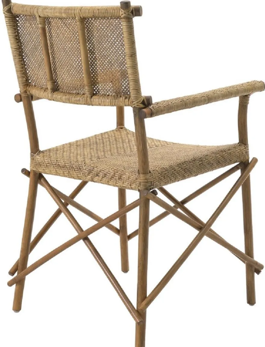 Casa Padrino Luxus Esszimmerstuhl Naturfarben 58,5 x 55,5 x H. 91,5 cm - Massivholz Stuhl mit Armlehnen und handgewebtem Rattangeflecht - Luxus Esszimmer Möbel