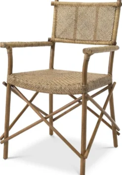 Casa Padrino Luxus Esszimmerstuhl Naturfarben 58,5 x 55,5 x H. 91,5 cm - Massivholz Stuhl mit Armlehnen und handgewebtem Rattangeflecht - Luxus Esszimmer Möbel