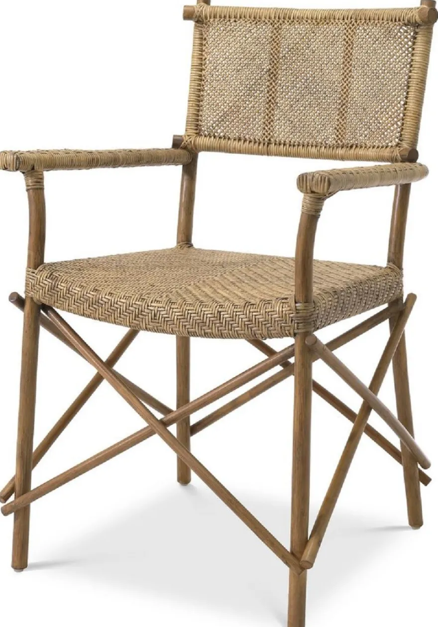 Casa Padrino Luxus Esszimmerstuhl Naturfarben 58,5 x 55,5 x H. 91,5 cm - Massivholz Stuhl mit Armlehnen und handgewebtem Rattangeflecht - Luxus Esszimmer Möbel