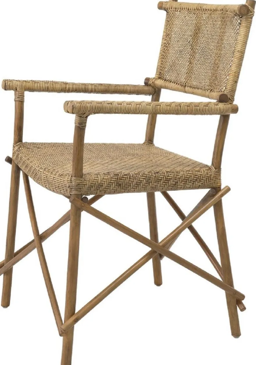 Casa Padrino Luxus Esszimmerstuhl Naturfarben 58,5 x 55,5 x H. 91,5 cm - Massivholz Stuhl mit Armlehnen und handgewebtem Rattangeflecht - Luxus Esszimmer Möbel