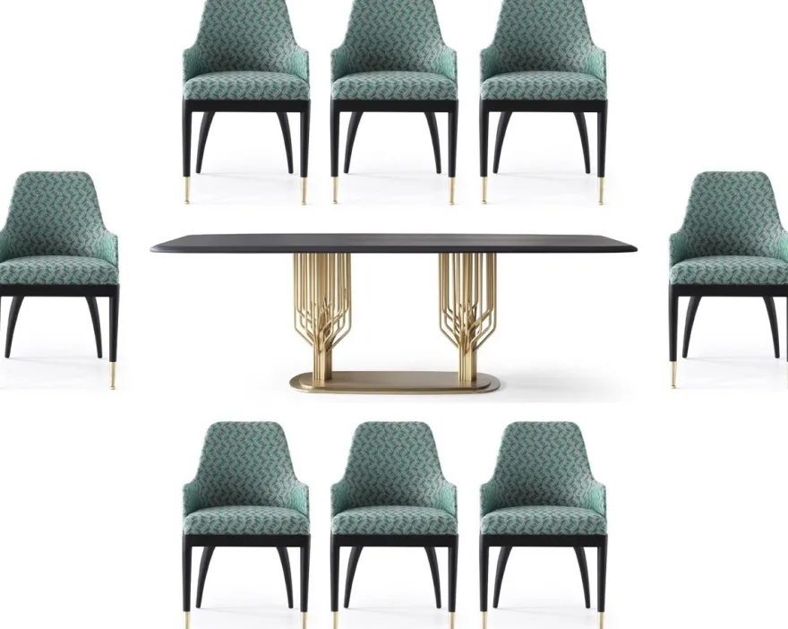 Casa Padrino Luxus Esszimmer Set Grün Muster / Schwarz / Messing - 1 Luxus Esstisch & 8 Luxus Esszimmerstühle - Esszimmer Möbel - Luxus Möbel - Luxus Kollektion