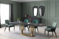 Casa Padrino Luxus Esszimmer Set Grün Muster / Schwarz / Messing - 1 Luxus Esstisch & 8 Luxus Esszimmerstühle - Esszimmer Möbel - Luxus Möbel - Luxus Kollektion
