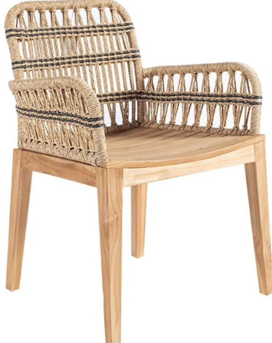 Casa Padrino Luxus Esszimmer Stuhl mit Armlehnen Naturfarben / Schwarz 60 x 50 x H. 85 cm - Luxus Massivholz Garten Stuhl mit edlem Rattangeflecht - Luxus Esszimmer Möbel - Garten Rattan Möbel