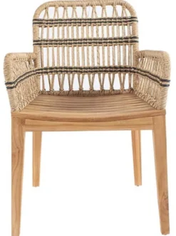 Casa Padrino Luxus Esszimmer Stuhl mit Armlehnen Naturfarben / Schwarz 60 x 50 x H. 85 cm - Luxus Massivholz Garten Stuhl mit edlem Rattangeflecht - Luxus Esszimmer Möbel - Garten Rattan Möbel