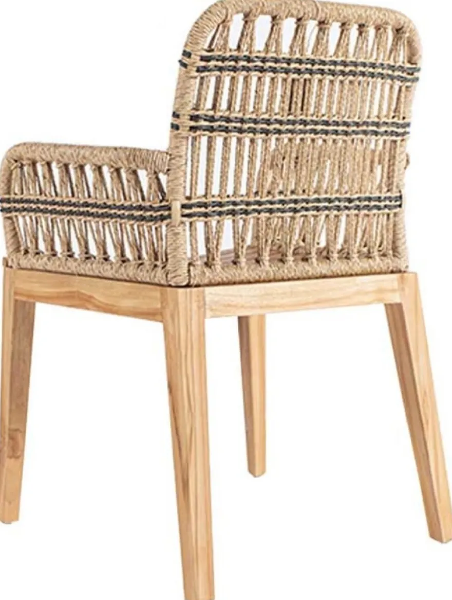 Casa Padrino Luxus Esszimmer Stuhl mit Armlehnen Naturfarben / Schwarz 60 x 50 x H. 85 cm - Luxus Massivholz Garten Stuhl mit edlem Rattangeflecht - Luxus Esszimmer Möbel - Garten Rattan Möbel