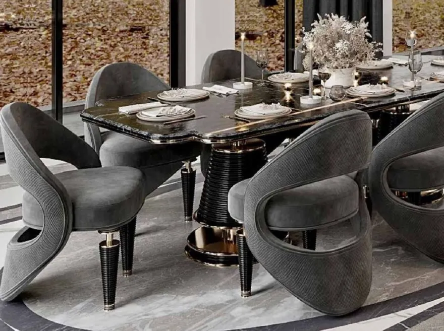 Casa Padrino Luxus Esszimmer Stuhl 8er Set Grau / Schwarz / Gold 57 x 60 x H. 85 cm - Esszimmer Möbel - Restaurant Möbel - Hotel Möbel - Luxus Möbel - Luxus Kollektion