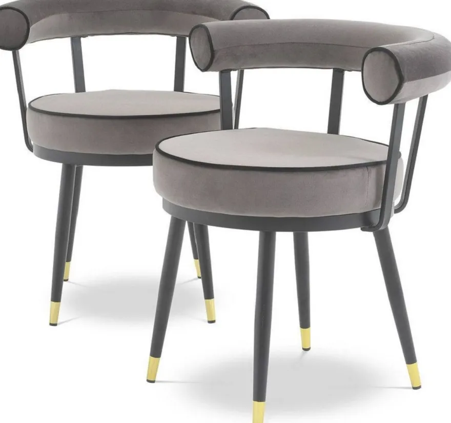 Casa Padrino Luxus Esszimmerstuhl Set Grau / Schwarz / Messing 66 x 59 x H. 70 cm - Esszimmerstühle mit edlem Samtstoff - Esszimmer Möbel