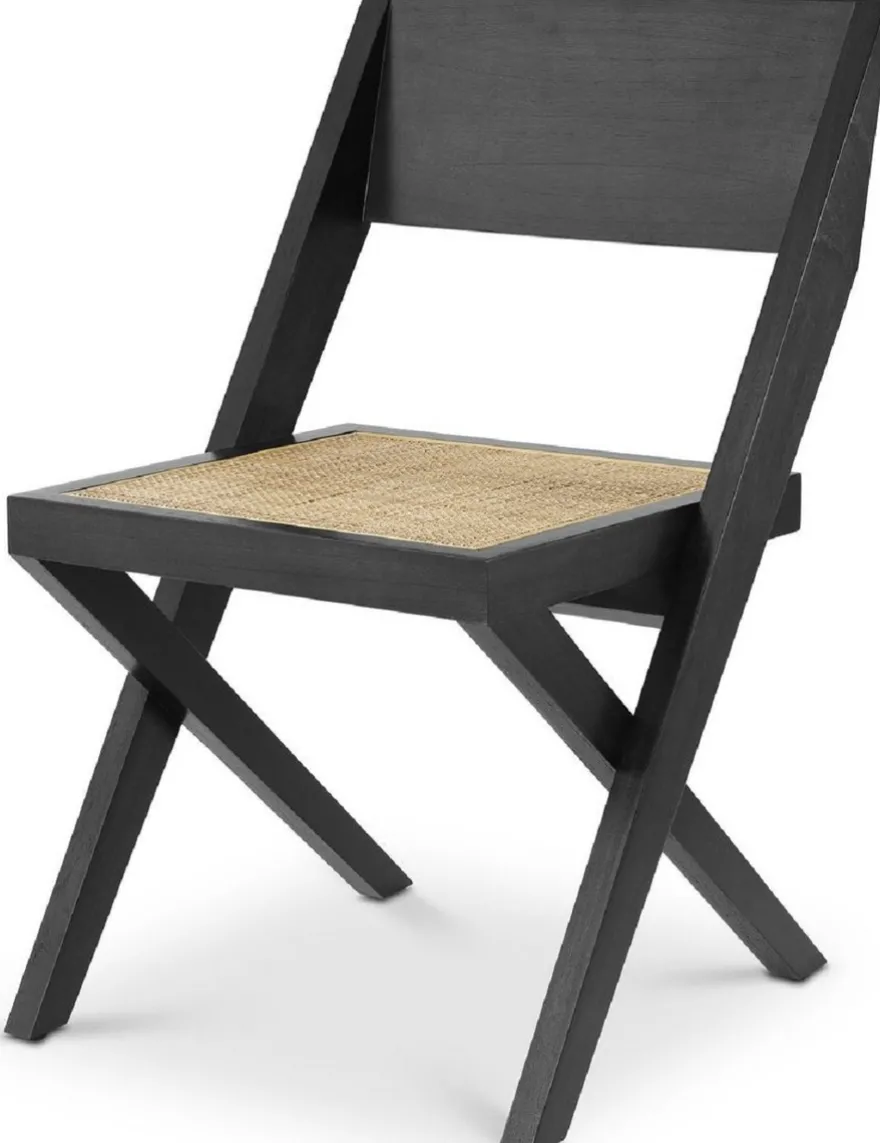 Casa Padrino Luxus Esszimmerstuhl Schwarz / Naturfarben 53 x 56 x H. 85 cm - Massivholz Stuhl mit Rattangeflecht - Luxus Esszimmer Möbel