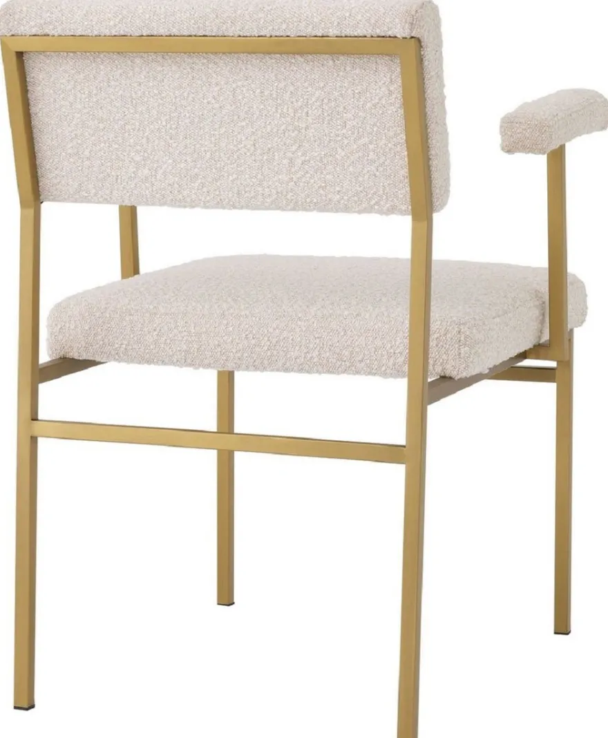 Casa Padrino Luxus Esszimmerstuhl Creme / Messingfarben 64 x 67 x H. 84 cm - Edler Küchenstuhl mit Armlehnen - Luxus Esszimmer Möbel