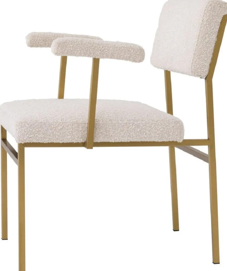 Casa Padrino Luxus Esszimmerstuhl Creme / Messingfarben 64 x 67 x H. 84 cm - Edler Küchenstuhl mit Armlehnen - Luxus Esszimmer Möbel