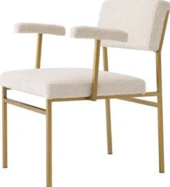 Casa Padrino Luxus Esszimmerstuhl Creme / Messingfarben 64 x 67 x H. 84 cm - Edler Küchenstuhl mit Armlehnen - Luxus Esszimmer Möbel
