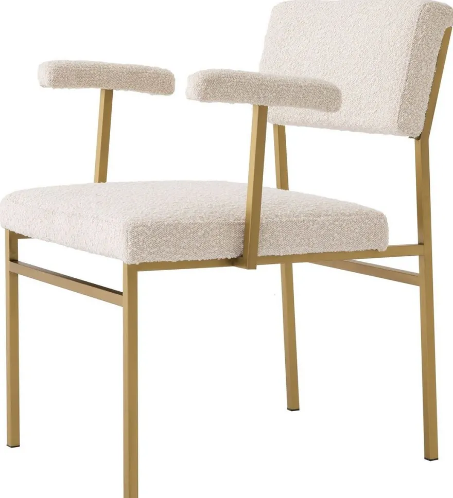Casa Padrino Luxus Esszimmerstuhl Creme / Messingfarben 64 x 67 x H. 84 cm - Edler Küchenstuhl mit Armlehnen - Luxus Esszimmer Möbel