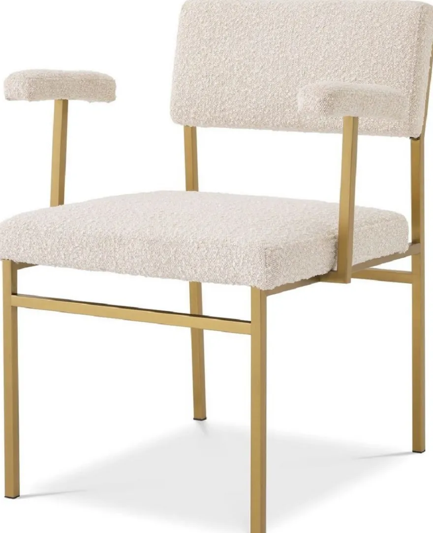 Casa Padrino Luxus Esszimmerstuhl Creme / Messingfarben 64 x 67 x H. 84 cm - Edler Küchenstuhl mit Armlehnen - Luxus Esszimmer Möbel
