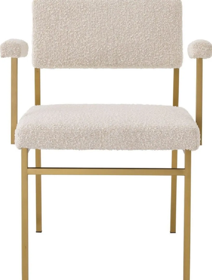 Casa Padrino Luxus Esszimmerstuhl Creme / Messingfarben 64 x 67 x H. 84 cm - Edler Küchenstuhl mit Armlehnen - Luxus Esszimmer Möbel