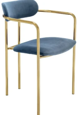 Casa Padrino Luxus Esszimmerstühle mit Armlehnen Blau / Gold 53 x 50 x H. 74 cm - Küchenstühle mit edlem Samtstoff - Esszimmer Set - Esszimmer Möbel