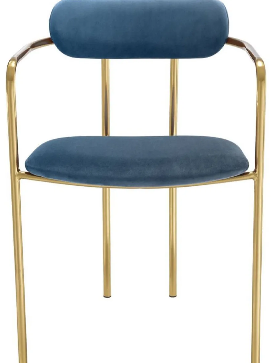 Casa Padrino Luxus Esszimmerstühle mit Armlehnen Blau / Gold 53 x 50 x H. 74 cm - Küchenstühle mit edlem Samtstoff - Esszimmer Set - Esszimmer Möbel