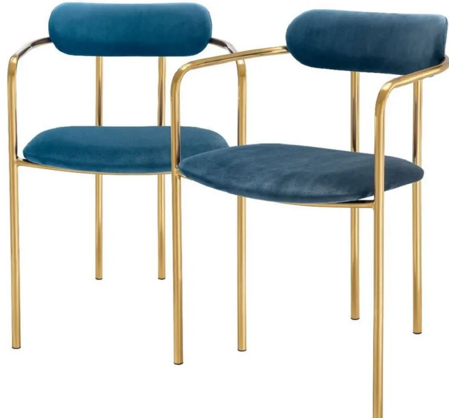 Casa Padrino Luxus Esszimmerstühle mit Armlehnen Blau / Gold 53 x 50 x H. 74 cm - Küchenstühle mit edlem Samtstoff - Esszimmer Set - Esszimmer Möbel