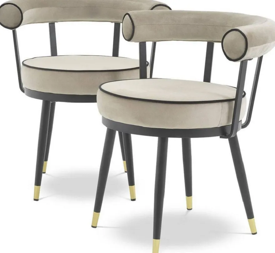 Casa Padrino Luxus Esszimmerstuhl Set Greige / Schwarz / Messing 66 x 59 x H. 70 cm - Esszimmerstühle mit edlem Samtstoff - Esszimmer Möbel