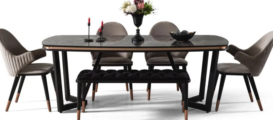 Casa Padrino Luxus Esszimmer Set Grau / Schwarz / Kupferfarben - 1 Esszimmertisch & 4 Esszimmerstühle & 1 Sitzbank - Luxus Esszimmer Möbel