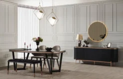 Casa Padrino Luxus Esszimmer Set Grau / Schwarz / Kupferfarben - 1 Esszimmertisch & 4 Esszimmerstühle & 1 Sitzbank - Luxus Esszimmer Möbel