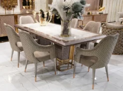 Casa Padrino Luxus Esszimmer Set Weiß / Grau / Gold - 1 Luxus Esstisch & 6 Luxus Esszimmerstühle - Luxus Esszimmer Möbel