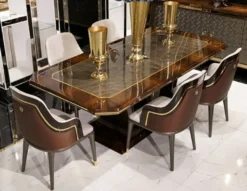 Casa Padrino Luxus Esszimmer Set Grau / Braun / Gold - 1 Esstisch & 6 Esszimmerstühle - Luxus Esszimmer Möbel - Luxus Qualität