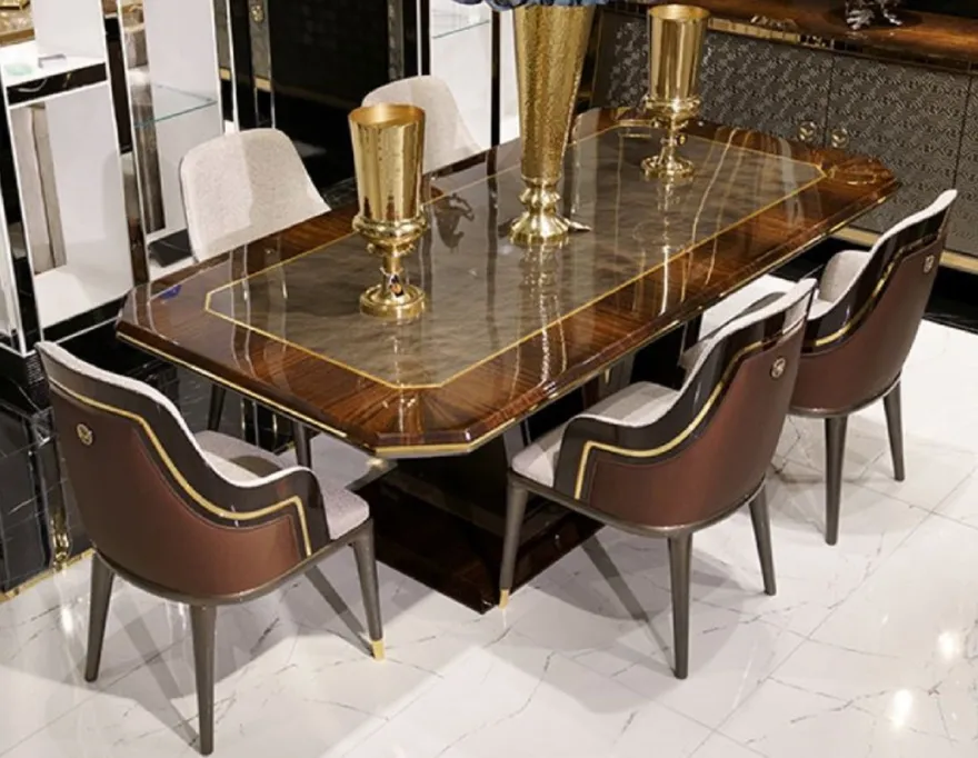 Casa Padrino Luxus Esszimmer Set Grau / Braun / Gold - 1 Esstisch & 6 Esszimmerstühle - Luxus Esszimmer Möbel - Luxus Qualität