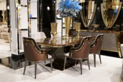 Casa Padrino Luxus Esszimmer Set Grau / Braun / Gold - 1 Esstisch & 6 Esszimmerstühle - Luxus Esszimmer Möbel - Luxus Qualität