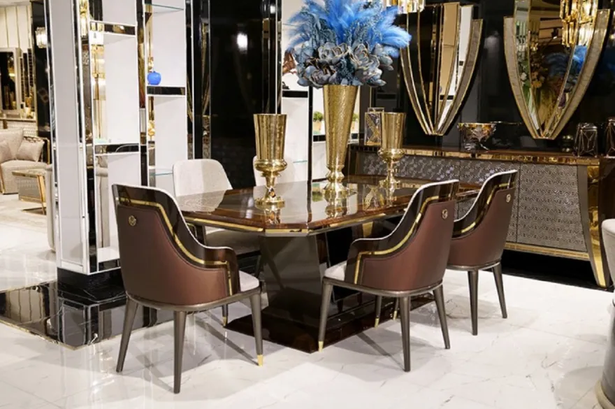Casa Padrino Luxus Esszimmer Set Grau / Braun / Gold - 1 Esstisch & 6 Esszimmerstühle - Luxus Esszimmer Möbel - Luxus Qualität