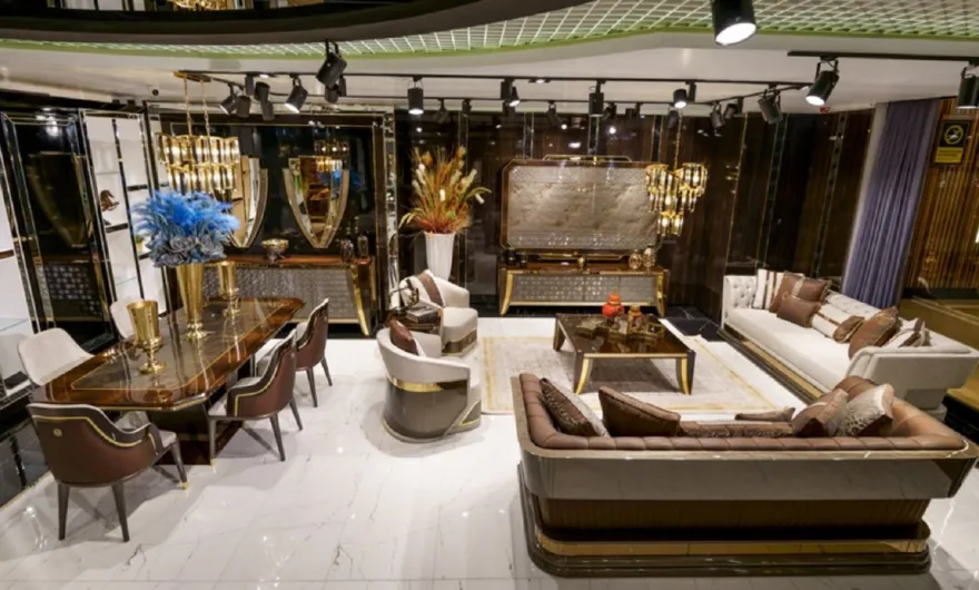 Casa Padrino Luxus Esszimmer Set Grau / Braun / Gold - 1 Esstisch & 6 Esszimmerstühle - Luxus Esszimmer Möbel - Luxus Qualität