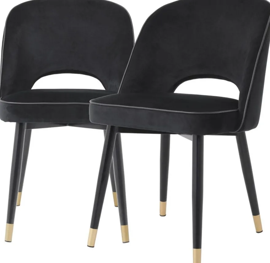 Casa Padrino Luxus Esszimmerstuhl Set Schwarz / Messing 53 x 56 x H. 84 cm - Esszimmerstühle mit edlem Samtstoff - Esszimmer Möbel
