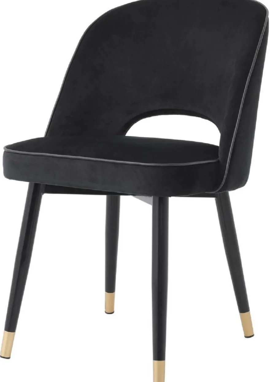 Casa Padrino Luxus Esszimmerstuhl Set Schwarz / Messing 53 x 56 x H. 84 cm - Esszimmerstühle mit edlem Samtstoff - Esszimmer Möbel