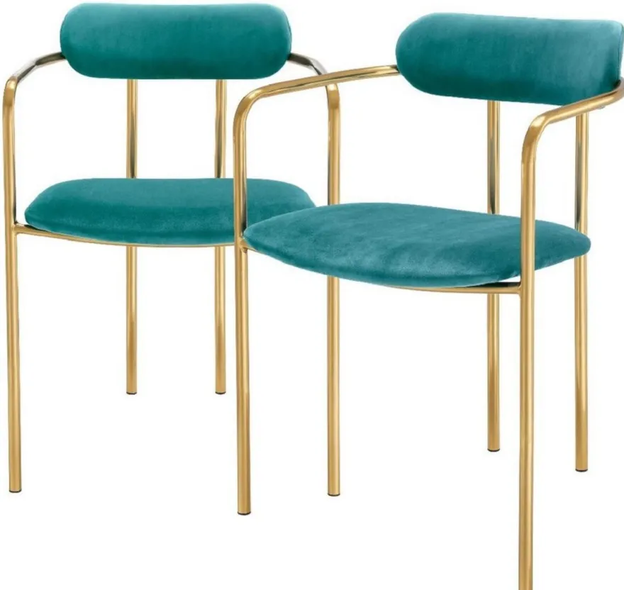 Casa Padrino Luxus Esszimmerstühle mit Armlehnen Türkis / Gold 53 x 50 x H. 74 cm - Küchenstühle mit edlem Samtstoff - Esszimmer Set - Esszimmer Möbel