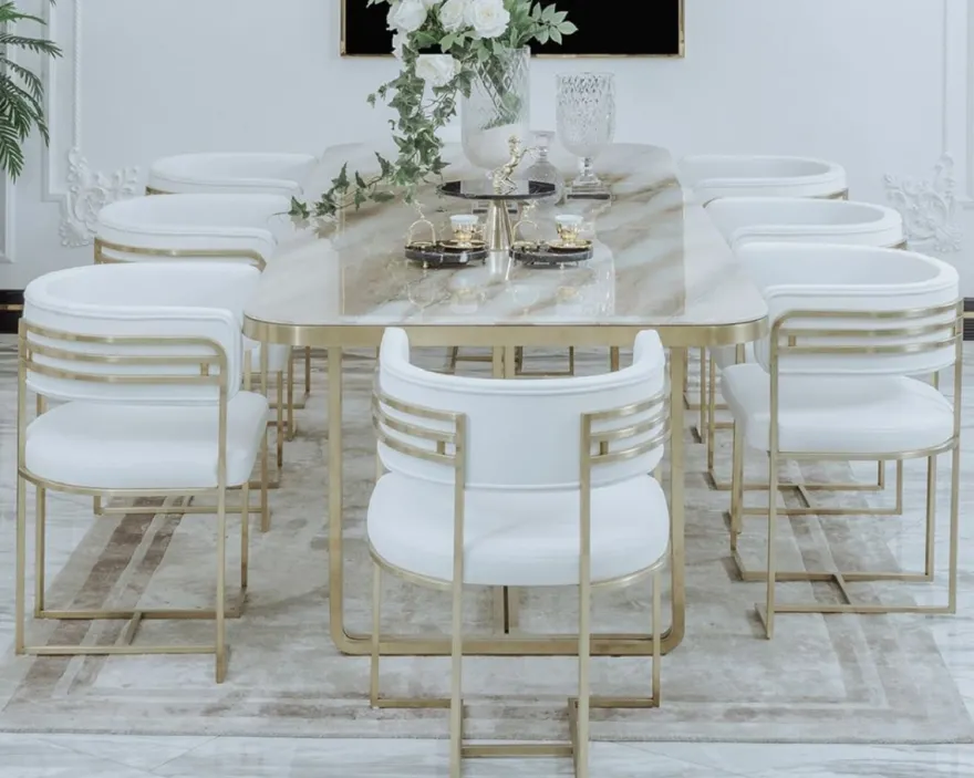 Casa Padrino Luxus Esszimmer Stuhl Set mit Armlehnen Weiß / Gold 58 x 51 x H. 76 cm - Küchen Stühle 8er Set - Esszimmer Möbel - Restaurant Möbel - Luxus Möbel - Luxus Einrichtung