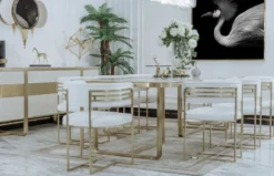 Casa Padrino Luxus Esszimmer Stuhl Set mit Armlehnen Weiß / Gold 58 x 51 x H. 76 cm - Küchen Stühle 8er Set - Esszimmer Möbel - Restaurant Möbel - Luxus Möbel - Luxus Einrichtung