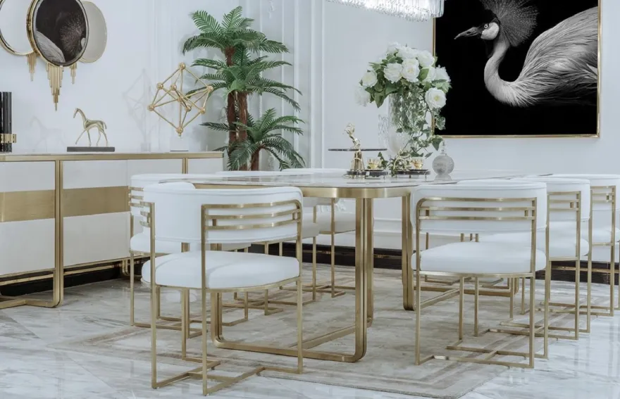 Casa Padrino Luxus Esszimmer Stuhl Set mit Armlehnen Weiß / Gold 58 x 51 x H. 76 cm - Küchen Stühle 8er Set - Esszimmer Möbel - Restaurant Möbel - Luxus Möbel - Luxus Einrichtung