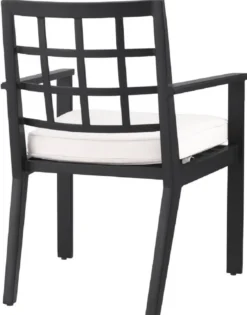 Casa Padrino Luxus Esszimmerstuhl mit Armlehnen Schwarz / Weiß 64,5 x 65 x H. 88,5 cm - Wetterbeständiger Aluminium Stuhl mit Sitzkissen - Garten Terrassen Stuhl - Luxus Qualität