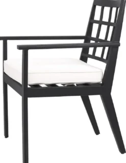 Casa Padrino Luxus Esszimmerstuhl mit Armlehnen Schwarz / Weiß 64,5 x 65 x H. 88,5 cm - Wetterbeständiger Aluminium Stuhl mit Sitzkissen - Garten Terrassen Stuhl - Luxus Qualität