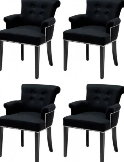 Casa Padrino Luxus Esszimmerstuhl 4er Set Schwarz - Massivholz Küchenstühle mit Armlehnen und edlem Samtstoff - Luxus Esszimmer & Restaurant Möbel