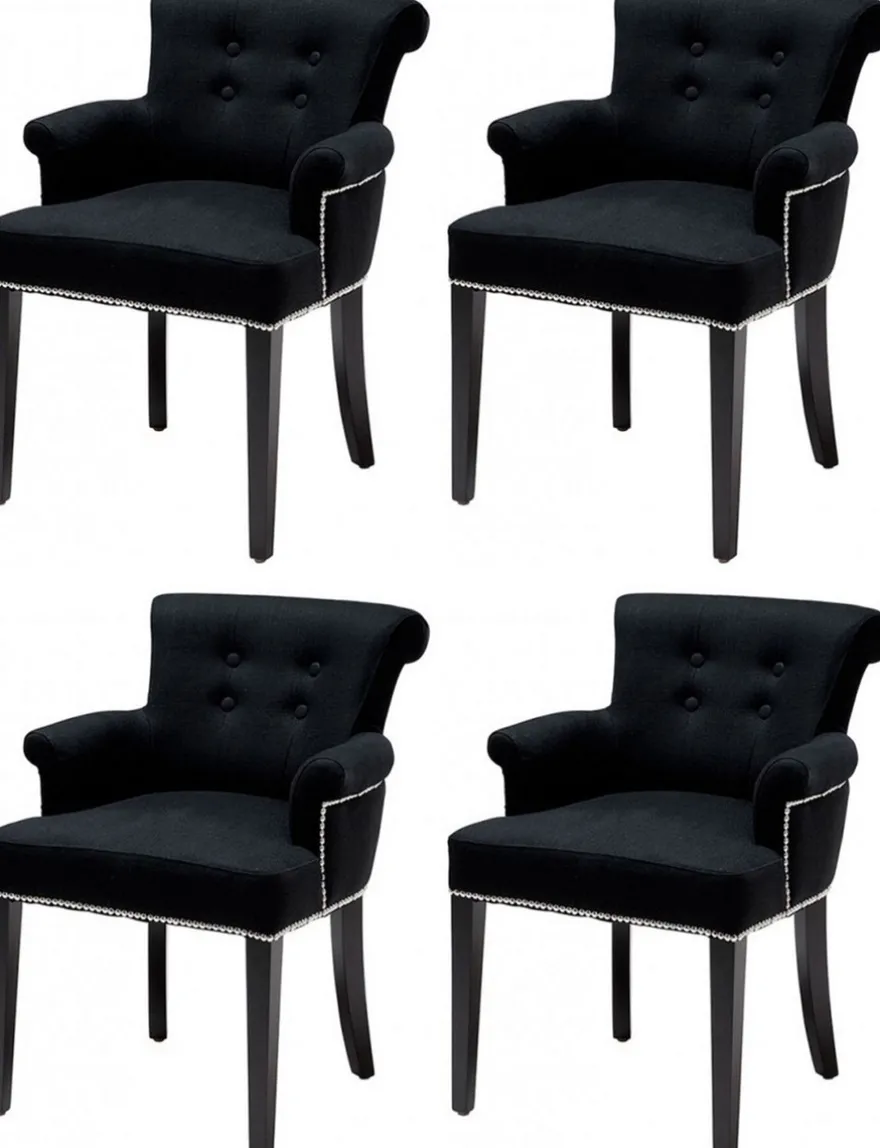 Casa Padrino Luxus Esszimmerstuhl 4er Set Schwarz - Massivholz Küchenstühle mit Armlehnen und edlem Samtstoff - Luxus Esszimmer & Restaurant Möbel