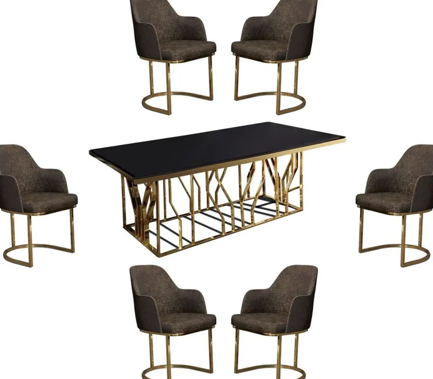 Casa Padrino Luxus Esszimmer Möbel Set Grau / Gold / Schwarz - 1 Esstisch & 6 Esszimmerstühle - Luxus Esszimmer Möbel